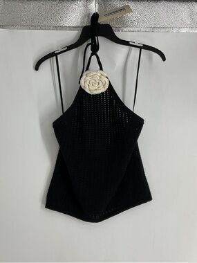 NWT Alice + Olivia Black Halter Crochet Tank Top with Cream Rose Accent